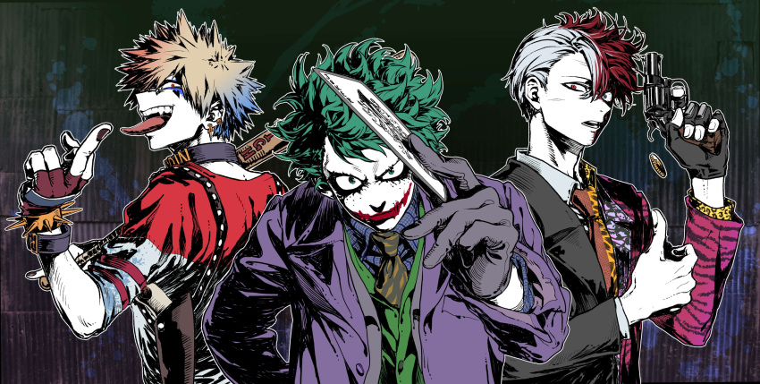3boys, absurdres, bags_under_eyes, bakugou_katsuki, baseball_bat, batman_(series), boku_no_hero_academia, card, cosplay, dc_comics, denden_(dendenkiribaku), green_hair, hair_ribbon, harley_quinn, harley_quinn_(cosplay), highres, looking_at_viewer, makeup, male_focus, midoriya_izuku, multicolored_hair, multiple_boys, parody, ribbon, short_hair, smile, suicide_squad, the_dark_knight, the_joker, the_joker_(cosplay), todoroki_shouto, two_face