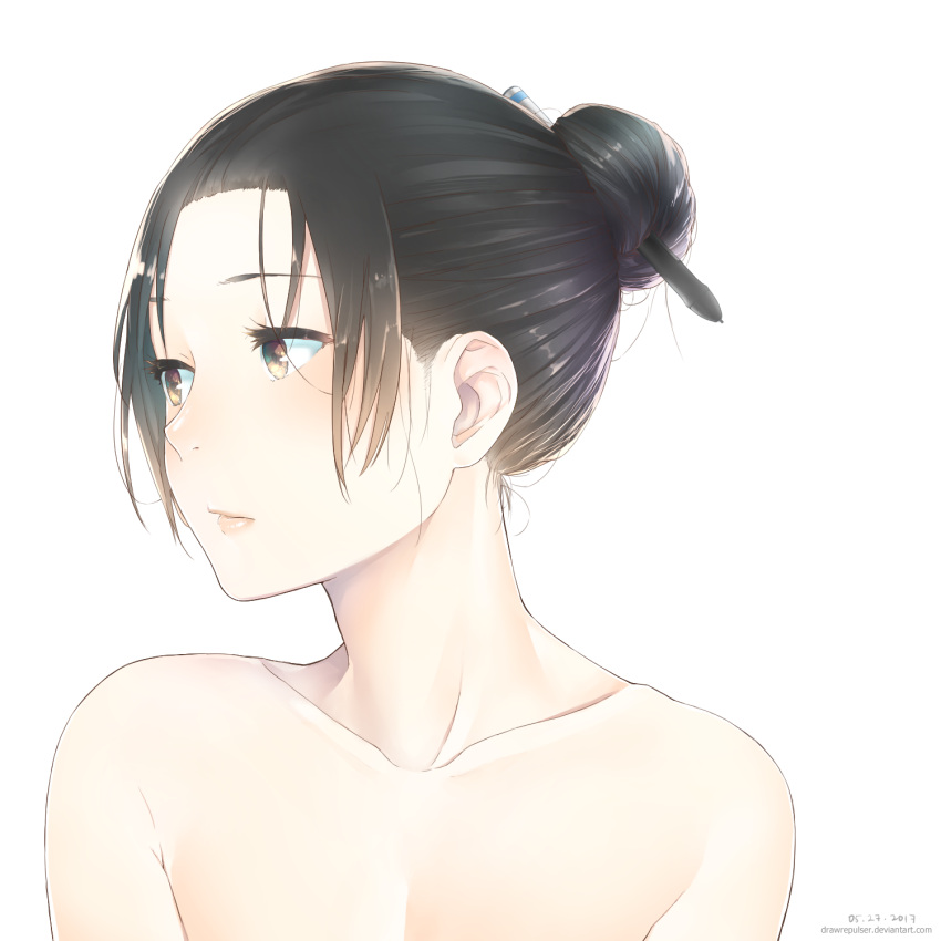 1girl, bare_shoulders, black_hair, blush, brown_eyes, collarbone, dated, drawrepulser
