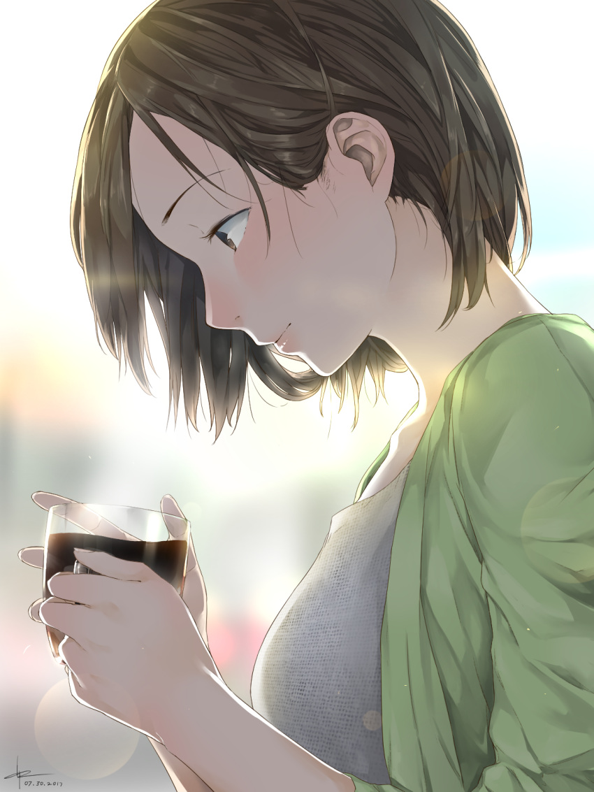 1girl, brown_eyes, brown_hair, coffee, cup, drawrepulser, ears, from_side