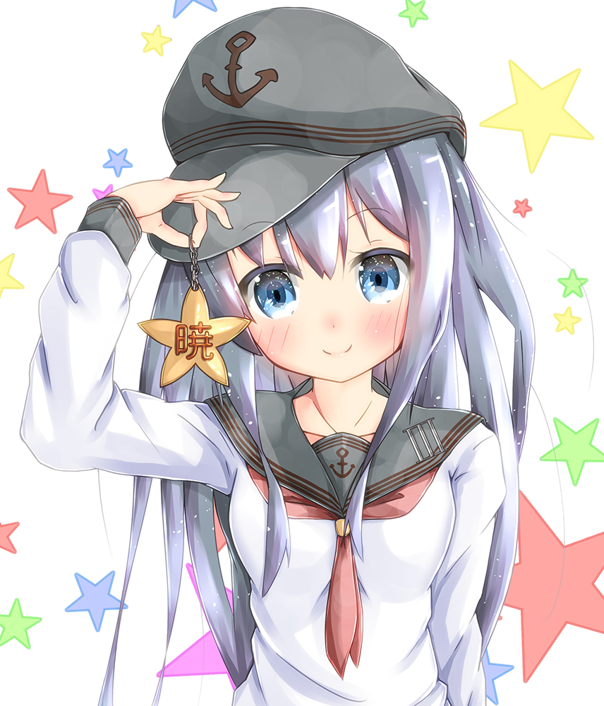 1girl, akatsuki_(kantai_collection), anchor_symbol, arm_up, black_hat, blue_eyes, blush, breasts