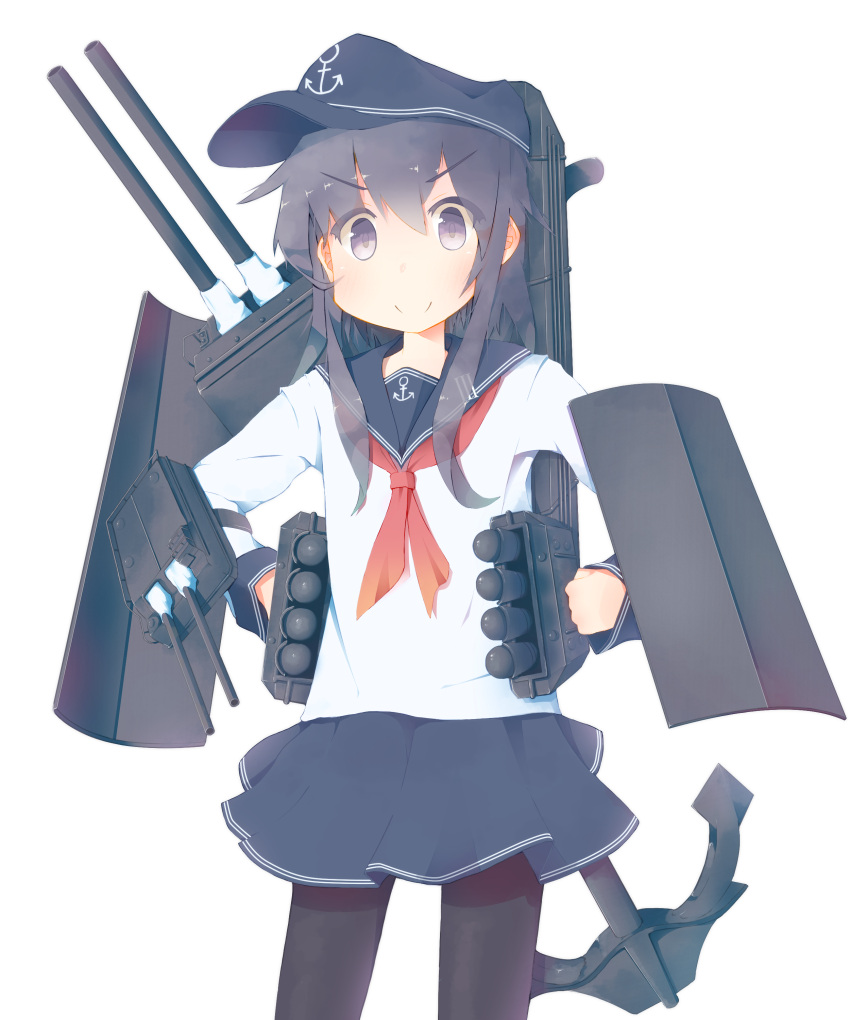 >:), 1girl, absurdres, akatsuki_(kantai_collection), anchor, anchor_symbol, bangs, black_hat, black_legwear, black_skirt, cannon, closed_mouth, commentary_request, cowboy_shot, doyagao, eyebrows_visible_through_hair, flat_cap, hair_between_eyes, hands_on_hips, hat, highres, kantai_collection, long_hair, long_sleeves, looking_at_viewer, machinery, miriota, neckerchief, pantyhose, pleated_skirt, purple_hair, red_neckerchief, school_uniform, serafuku, shirt, simple_background, skirt, smug, solo, torpedo_tubes, turret, violet_eyes, white_background, white_shirt