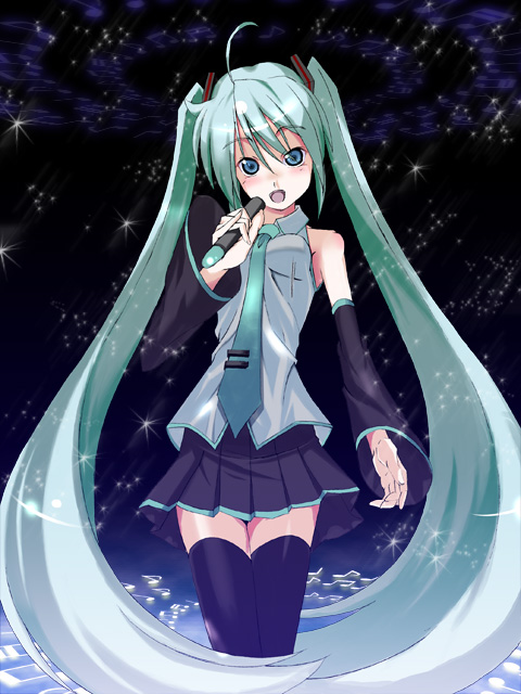 aqua_hair, bad_hands, bad_id, detached_sleeves, hatsune_miku, microphone, necktie, skirt