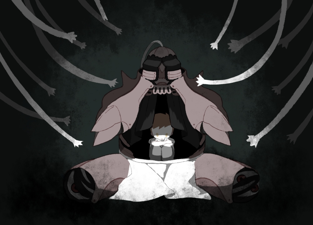 1boy, alphonse_elric, apron, armor, black_background, blonde_hair, crossed_arms, full_armor