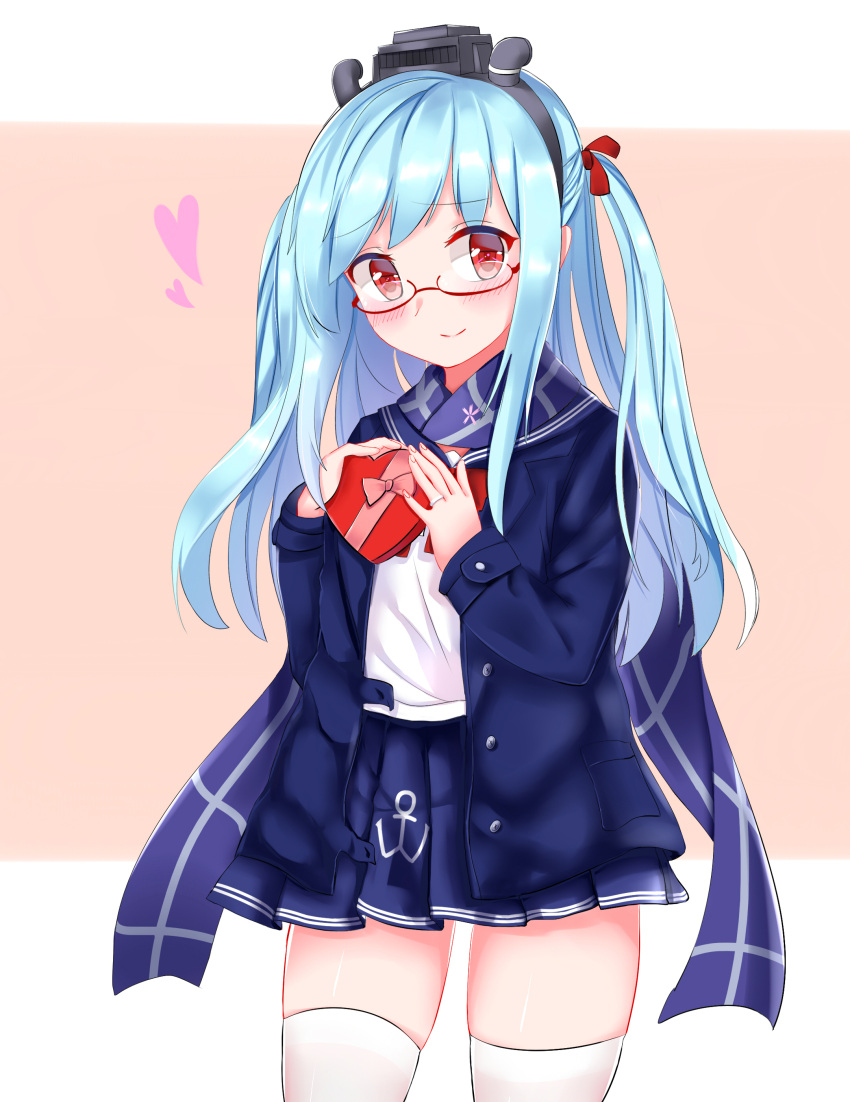 1girl, absurdres, anchor_symbol, blue_hair, blue_skirt, blush, cang_se_ye_hua, closed_mouth