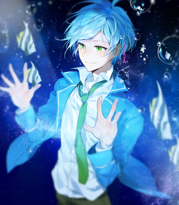 1boy, blue_hair, blue_jacket, ensemble_stars!, fish, green_eyes, green_necktie, jacket