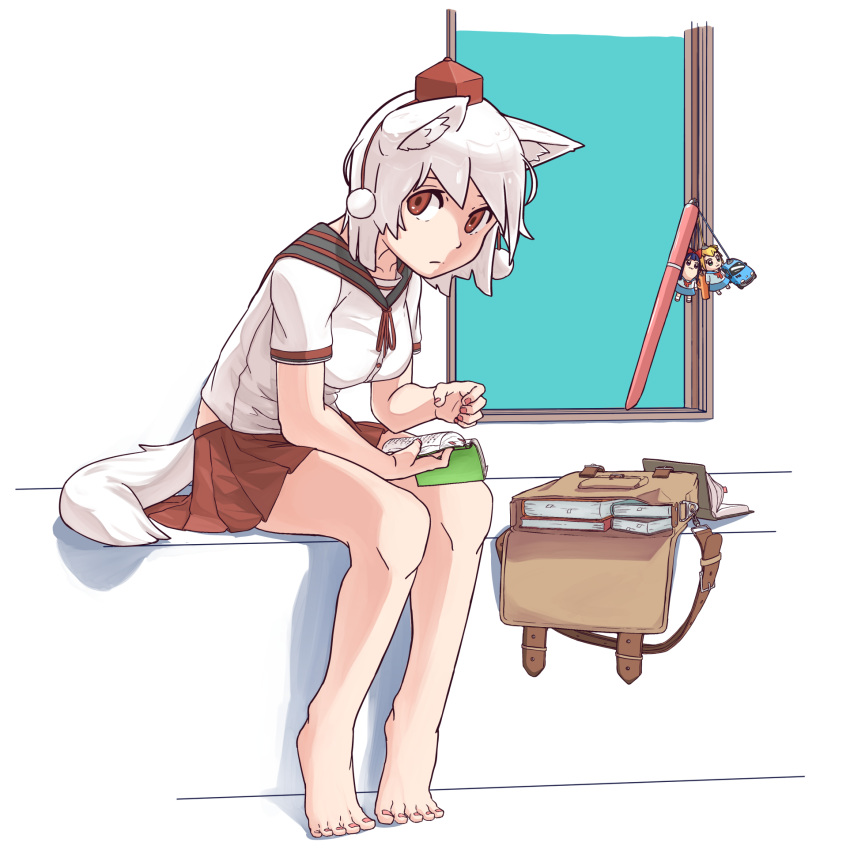 1girl, alternate_costume, animal_ears, bag, bare_legs, barefoot, book, breasts