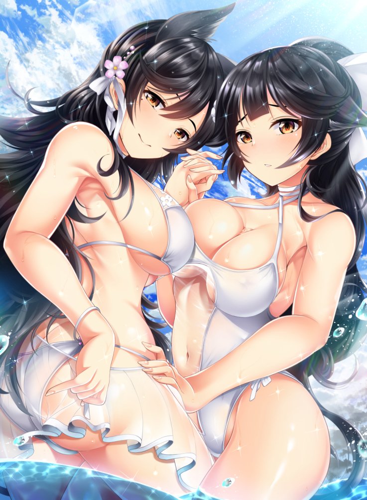 2girls, ass, atago_(azur_lane), azur_lane, bangs, bare_arms, bare_shoulders, bikini