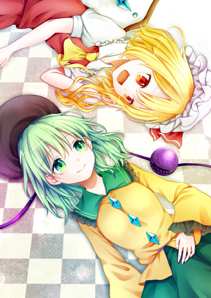 2girls, absurdres, ascot, bangs, blonde_hair, checkered, checkered_floor, closed_mouth