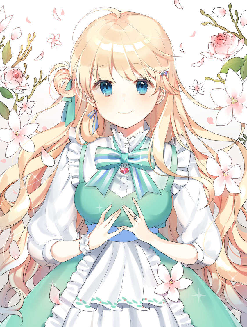 1girl, ahoge, blonde_hair, blue_eyes, blush, breasts, closed_mouth, eyebrows_visible_through_hair