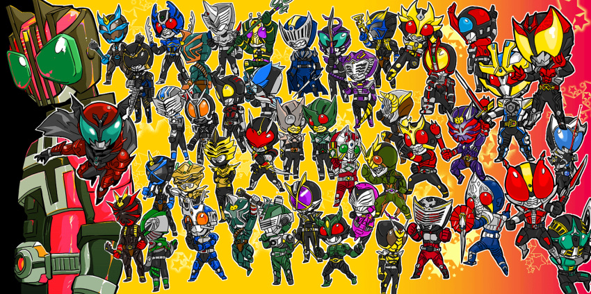 absolutely_everyone, another_agito, antennae, belt, cape, chibi, everyone, gun