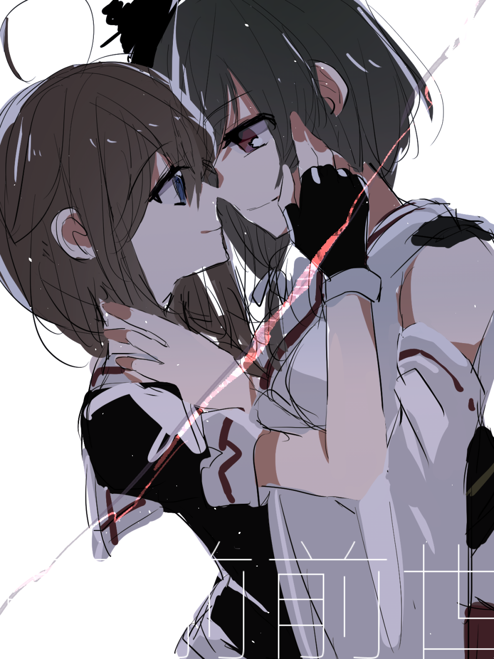 2girls, ahoge, bare_shoulders, black_gloves, black_hair, blue_eyes, detached_sleeves, face-to-face, fingerless_gloves, from_side, gloves, hakka_ame_(cuntrymamu), highres, kantai_collection, looking_at_another, multiple_girls, red_eyes, shigure_(kantai_collection), short_hair, short_sleeves, sketch, smile, translation_request, white_background, yamashiro_(kantai_collection), yuri