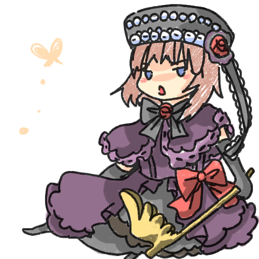 blue_eyes, brown_hair, butterfly, chibi, dress, eva_beatrice, hat, lace