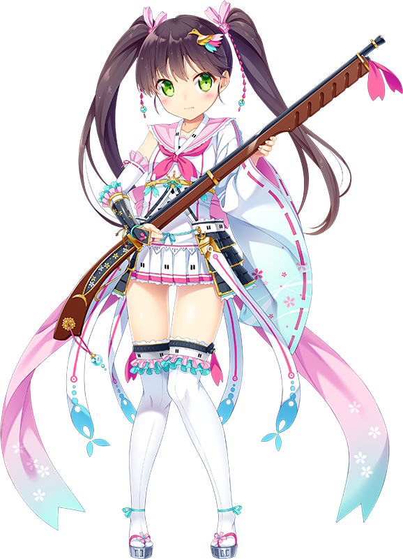 1girl, antique_firearm, artist_request, black_hair, firearm, firelock, flintlock, full_body, gluteal_fold, green_eyes, gun, hair_ornament, holding, holding_gun, holding_weapon, long_hair, misaki_(oshiro_project), mismatched_sleeves, official_art, oshiro_project, oshiro_project_re, pleated_skirt, skirt, solo, thigh-highs, transparent_background, twintails, weapon