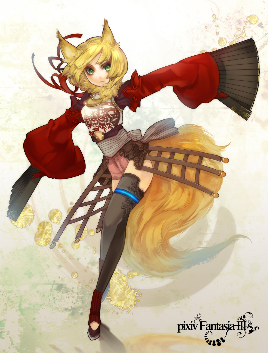 blonde_hair, fan, fox_ears, fox_tail, gigandal_federation, green_eyes, kyoka_hatori, kyouka_hatori, pixiv, pixiv_fantasia, pixiv_fantasia_3, short_hair, tail, thigh-highs, thighhighs