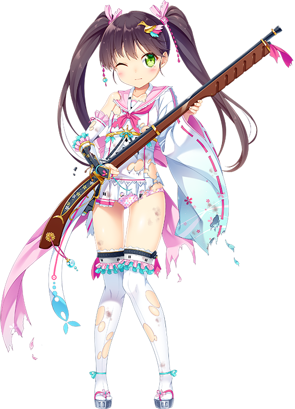 1girl, antique_firearm, artist_request, black_hair, firearm, firelock, flintlock, full_body, green_eyes, gun, hair_ornament, holding, holding_gun, holding_weapon, long_hair, misaki_(oshiro_project), mismatched_sleeves, official_art, one_eye_closed, oshiro_project, oshiro_project_re, panties, pleated_skirt, skirt, solo, thigh-highs, torn_clothes, torn_panties, torn_skirt, torn_thighhighs, transparent_background, twintails, underwear, weapon