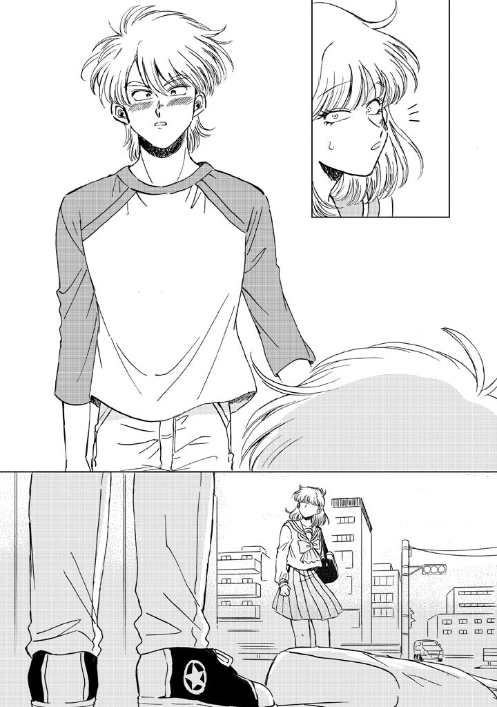 1boy, 1girl, andou_shouichi, bob_cut, building, car, comic, eye_contact