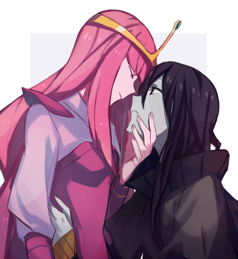 2girls, adventure_time, aoki_shizumi, bangs, bite_mark, black_hair, closed_eyes, crown