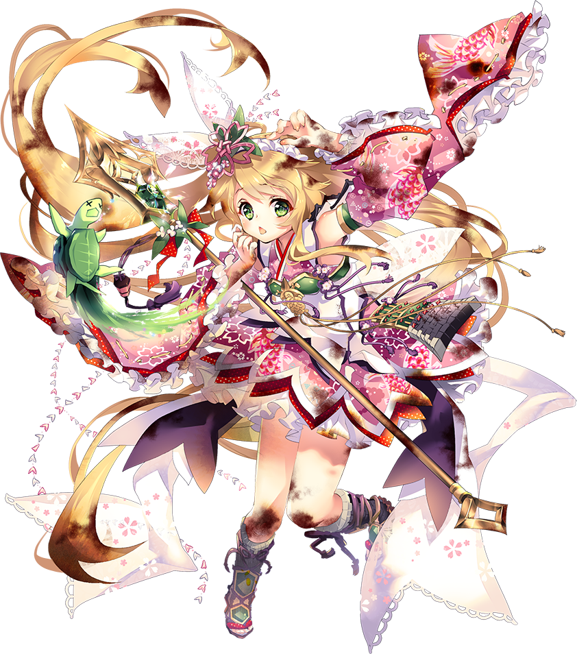 1girl, blonde_hair, broken_spear, eyebrows_visible_through_hair, flower, full_body, green_eyes, hair_flower