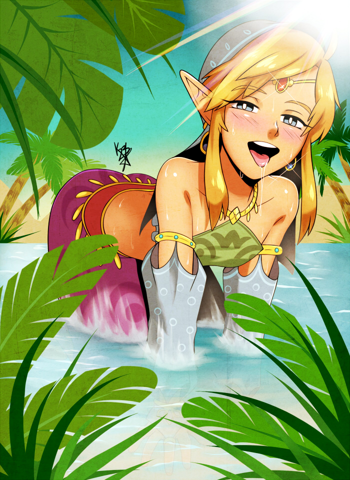 1boy, all_fours, alternate_costume, bandanna, bands, bangs, bare_shoulders, bent_over, blonde_hair, blush, crossdressinging, eyebrows_visible_through_hair, female_pervert, gerudo_link, hair_over_shoulder, kitsune23star, link, looking_at_viewer, naughty_face, open_mouth, pervert, pointy_ears, shiny, shiny_skin, smile, solo, sunlight, swept_bangs, the_legend_of_zelda, the_legend_of_zelda:_breath_of_the_wild, tongue, tongue_out, trap, tree, water, wet, wet_clothes