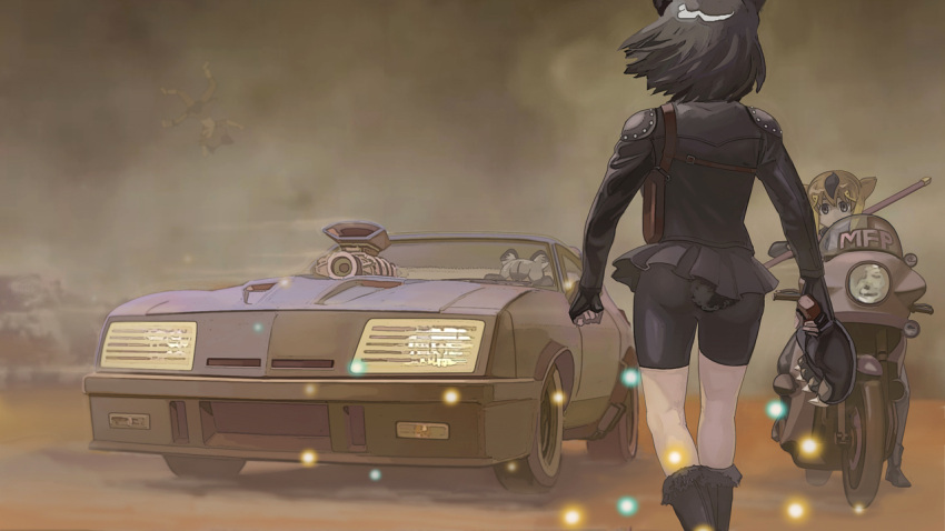 african_wild_dog_(kemono_friends), bear_paw_hammer, bear_tail, brown_bear_(kemono_friends), car, crossover, desert, golden_snub-nosed_monkey_(kemono_friends)