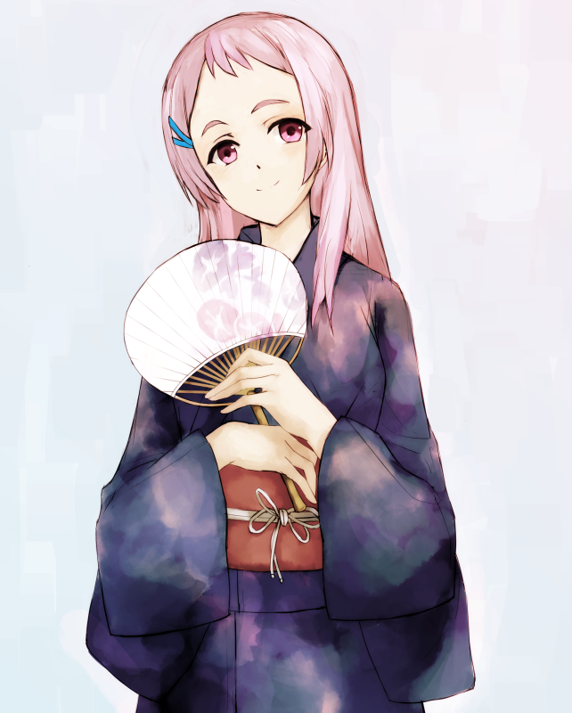 1girl, aguri_(gamers!), alternate_costume, closed_mouth, fan, floral_print, flower, gamers!, grey_background, hair_ornament, hairclip, head_tilt, japanese_clothes, kimono, light_smile, long_hair, looking_at_viewer, morning_glory, obi, paper_fan, pink_eyes, pink_hair, sash, simple_background, solo, udoku_(suzucaste), yukata