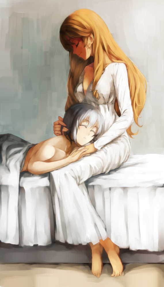 1boy, 1girl, barefoot, bed, blonde_hair, breasts, cleavage, closed_eyes, dress, drill_locks, ernesti_echevalier, feet, grey_background, hand_in_another's_hair, indoors, interlocked_fingers, knight's_&amp;_magic, lap_pillow, long_hair, mole, mole_under_eye, sleeping, sleeping_gown, smile, stefania_celarti, toes, udoku_(suzucaste), under_covers, very_long_hair, white_dress
