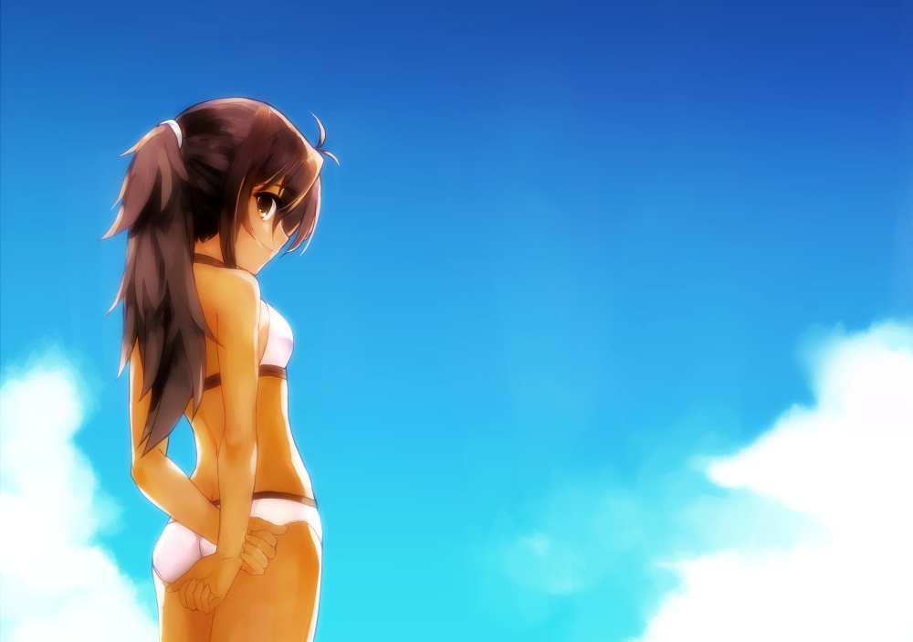 1girl, adeltrud_walter, ahoge, alternate_hairstyle, bikini, blue_background, blue_sky, breasts