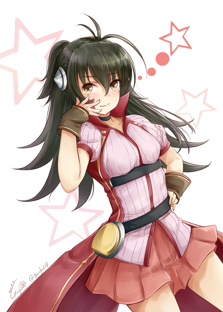 1girl, adeltrud_walter, belt, black_hair, breasts, brown_eyes, choker, closed_mouth
