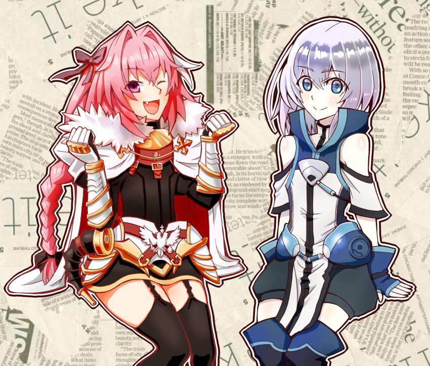 2boys, belt, black_bow, blue_eyes, bow, braid, cape, clenched_hands