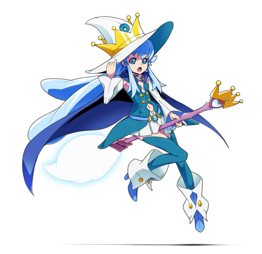1girl, armpits, bare_shoulders, blue_legwear, broom, broom_riding, crown, cure_princess