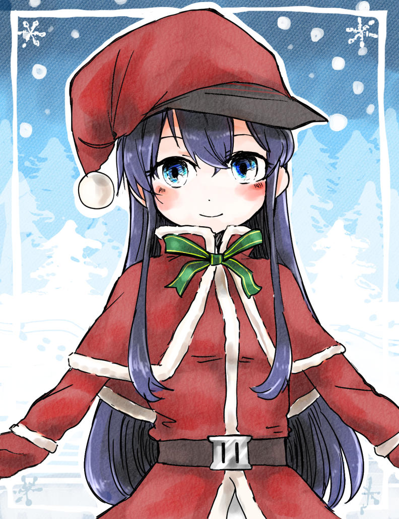 1girl, akatsuki_(kantai_collection), alternate_costume, bangs, black_hat, blue_eyes, blush, brown_belt