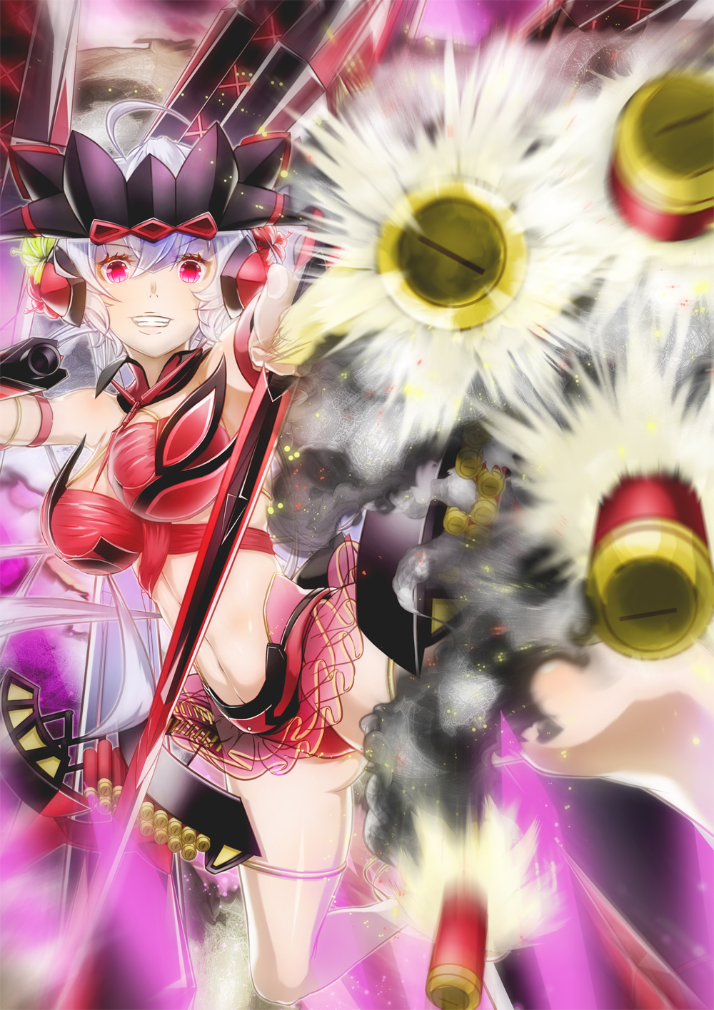 10s, 1girl, ahoge, arm_strap, bikini, bikini_skirt, breasts, grin