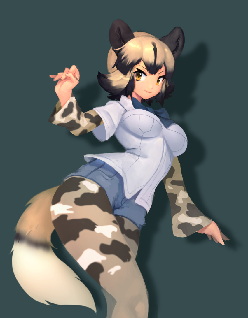 1girl, african_wild_dog_(kemono_friends), african_wild_dog_ears, african_wild_dog_print, african_wild_dog_tail, animal_ears, aqua_background, black_hair