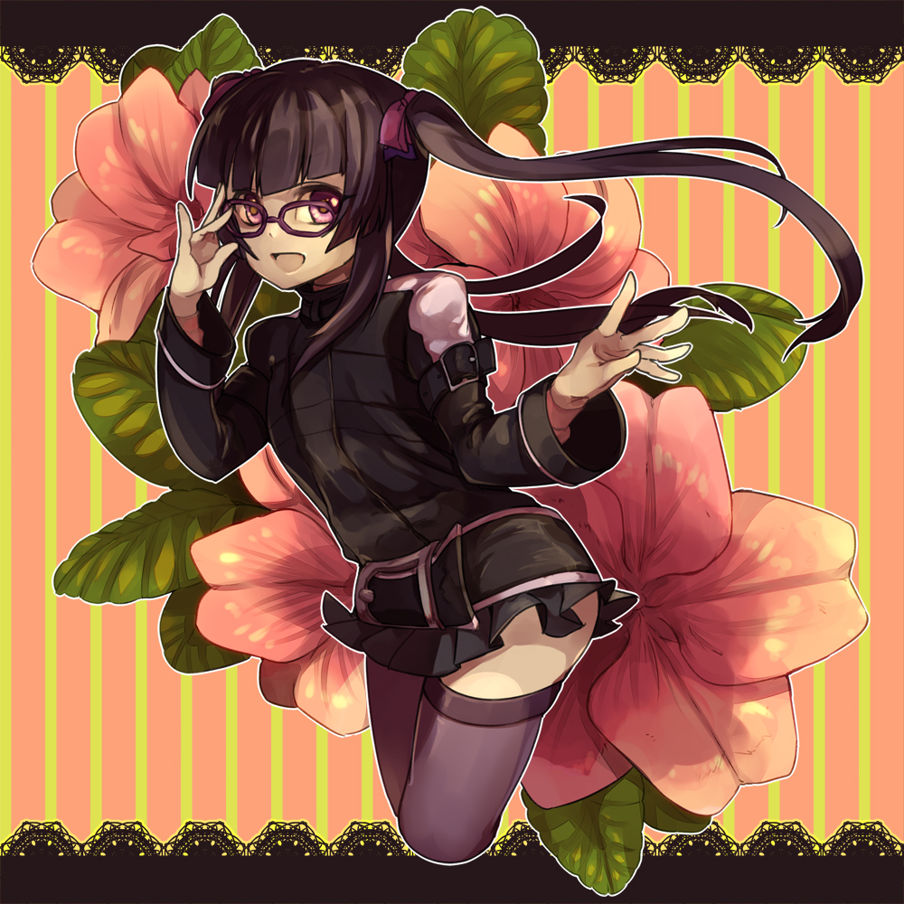 10s, 1girl, :d, adjusting_eyewear, arm_belt, belt, black-framed_eyewear, bow