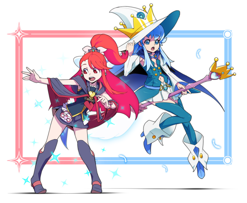 2girls, bare_shoulders, blue_hair, blue_legwear, boots, brooch, crown, cure_princess, detached_sleeves, full_body, han_megumi, happinesscharge_precure!, hat, heart, jewelry, kagari_atsuko, little_witch_academia, long_hair, miniskirt, multiple_girls, navel, navel_cutout, open_mouth, pleated_skirt, ponytail, precure, redhead, seiyuu_connection, shirayuki_hime, skirt, sparkle, thigh-highs, uganda, white_hat, witch_hat