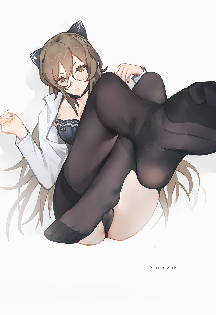 1girl, animal_ears, ass, bangs, black_bra, black_legwear, black_panties, bra, breasts, brown_eyes, brown_hair, cat_ears, closed_mouth, dress_shirt, eyebrows_visible_through_hair, feet, frown, glasses, hair_between_eyes, hands_up, highres, legs, legs_crossed, lisa_(kimiko2016), long_hair, long_sleeves, looking_at_viewer, no_shoes, open_clothes, open_shirt, original, panties, pantyhose, semi-rimless_glasses, shirt, sidelocks, small_breasts, soles, solo, thighband_pantyhose, thighs, toes, under-rim_glasses, underwear, very_long_hair