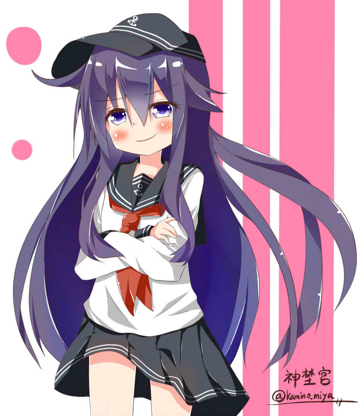 1girl, akatsuki_(kantai_collection), anchor_symbol, bangs, black_hat, black_skirt, blush, closed_mouth