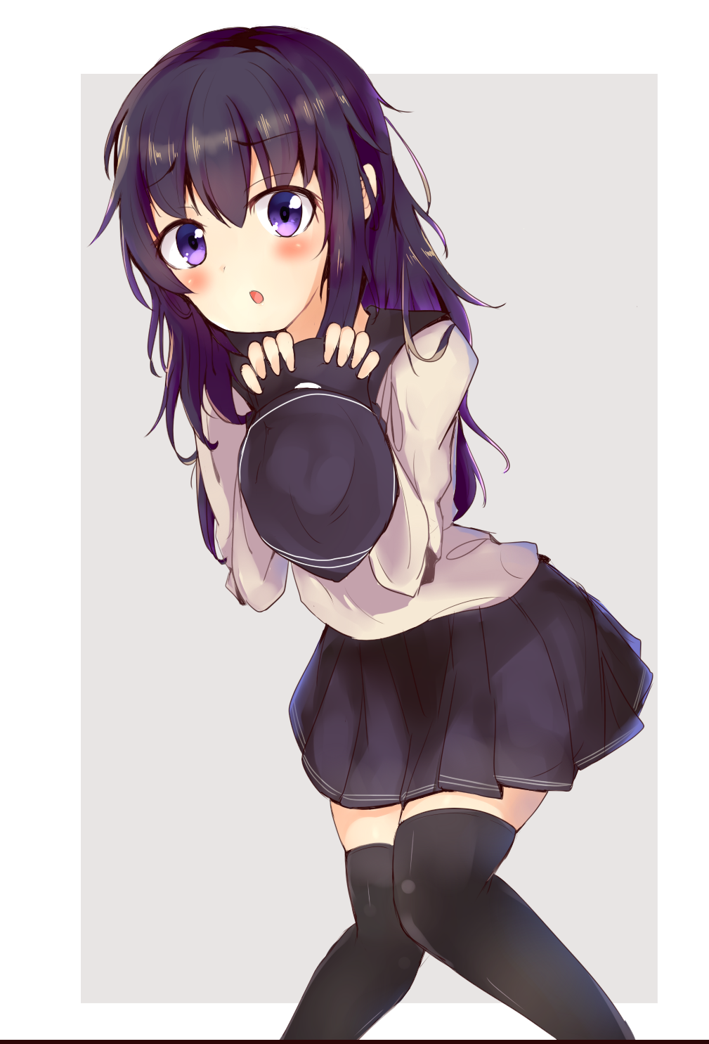 1girl, :o, akatsuki_(kantai_collection), bangs, black_hat, black_legwear, black_skirt, blush