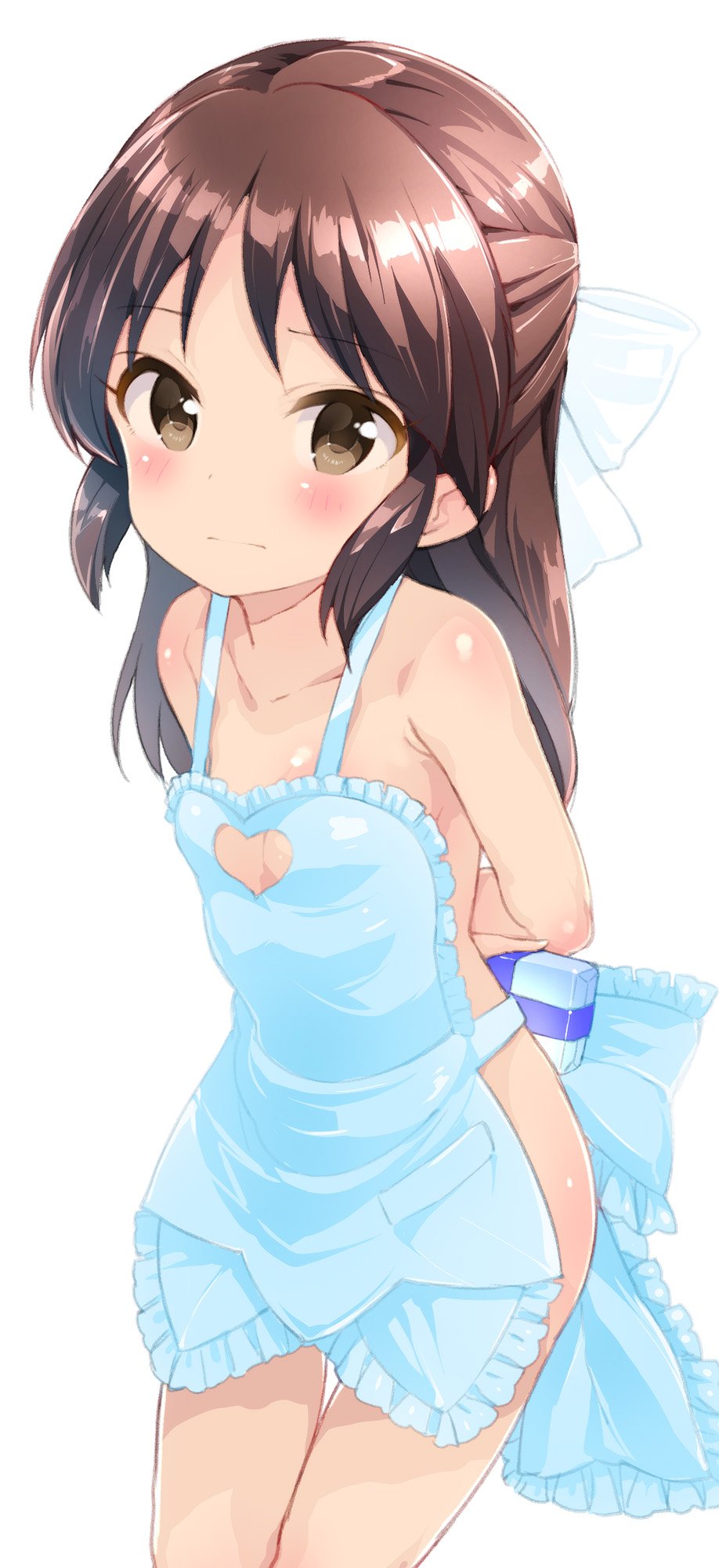 1girl, apron, arms_behind_back, blush, bow, breasts, brown_eyes, brown_hair, cleavage, closed_mouth, hair_bow, half_updo, highres, idolmaster, idolmaster_cinderella_girls, leaning_forward, long_hair, looking_at_viewer, mtomita, naked_apron, simple_background, small_breasts, solo, tachibana_arisu, white_background