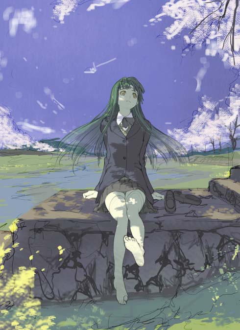 feet, green_hair, nagisa_ouka, nakaba_reimei, no_shoes, ouka_nagisa, petals, sitting