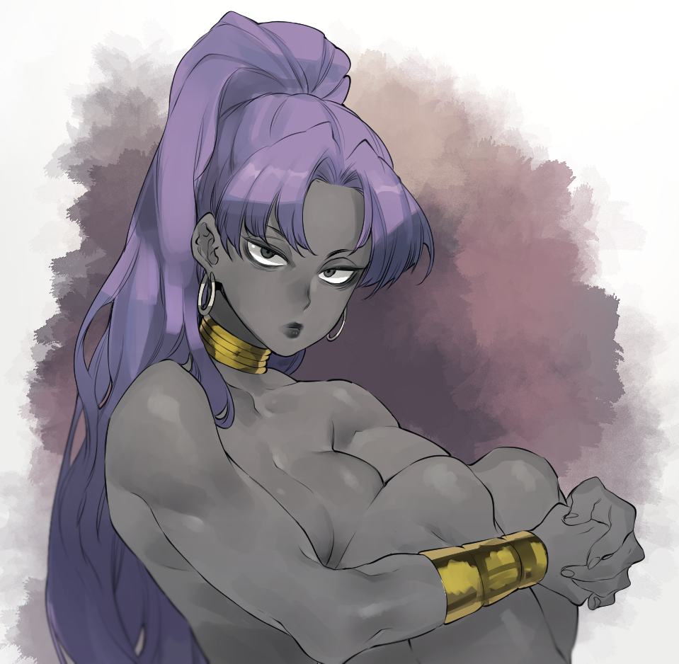 1girl, assassin_(fate/zero), bags_under_eyes, black_eyes, black_lips, bracer, breasts, closed_mouth, collarbone, constricted_pupils, earrings, eyebrows, eyebrows_behind_hair, eyelashes, facing_away, fate/grand_order, fate/zero, fate_(series), female_assassin_(fate/zero), fingernails, frown, grey_skin, hair_intakes, half-closed_eyes, hands_together, high_ponytail, hoop_earrings, jewelry, large_breasts, leg_hug, lips, long_hair, looking_at_viewer, medium_breasts, multicolored, multicolored_background, neck_ring, norasame_(dagako), nude, purple_hair, sitting, solo, tsurime, upper_body, very_long_hair