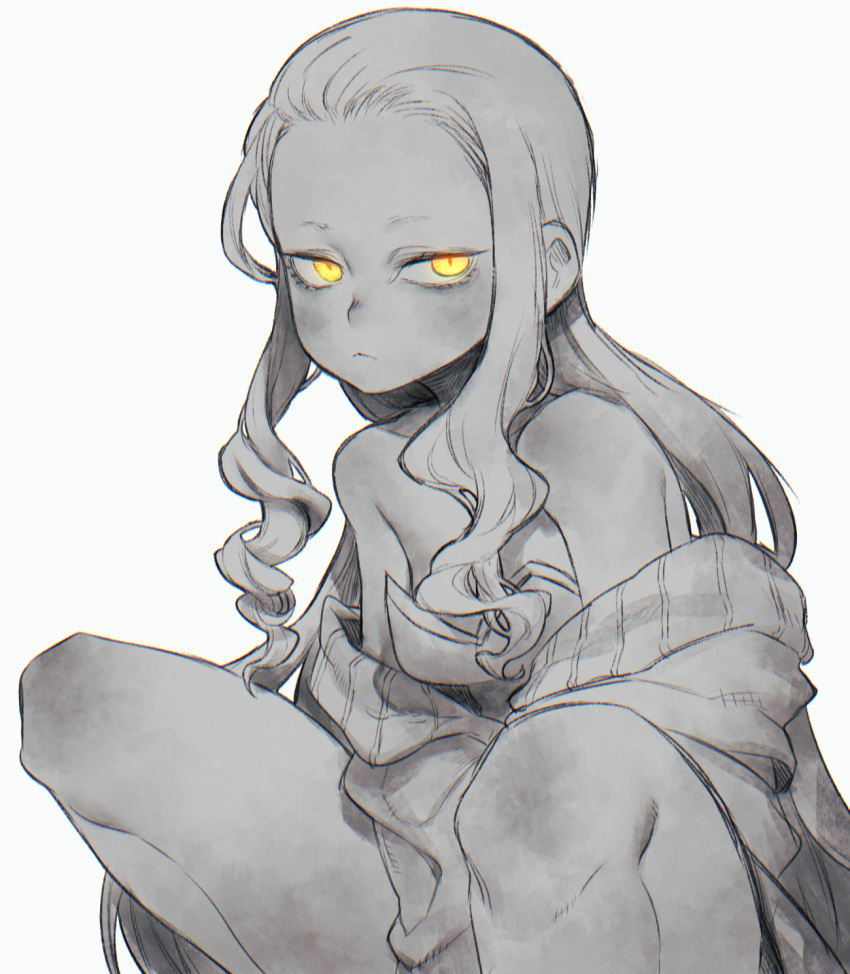 1girl, bare_shoulders, breasts, chromatic_aberration, closed_mouth, collarbone, eyelashes, facing_away
