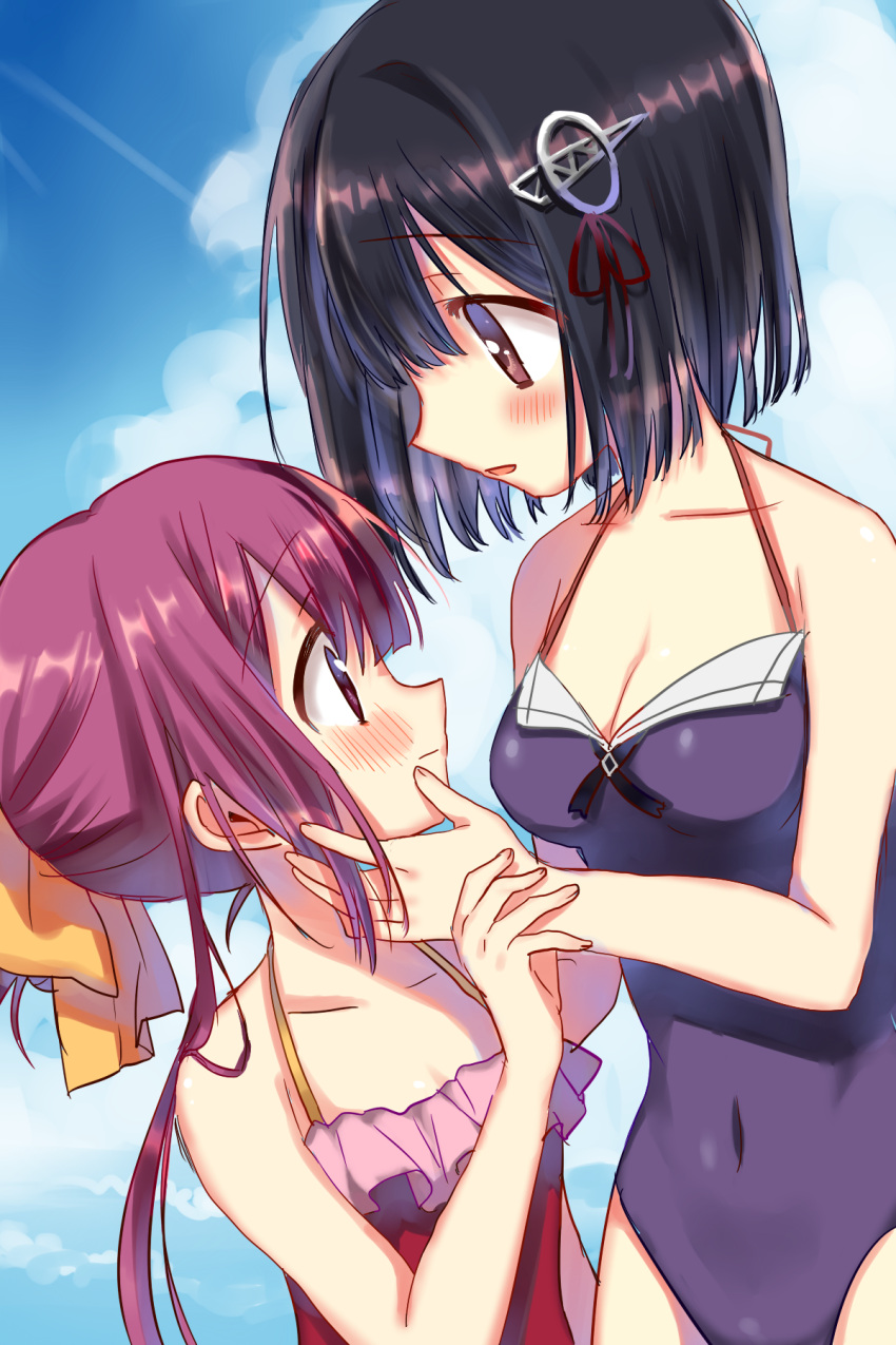 2girls, adapted_costume, black_hair, blush, breasts, brown_eyes, casual_one-piece_swimsuit, cleavage, cowboy_shot, dutch_angle, eye_contact, flat_chest, haguro_(kantai_collection), hair_ornament, hair_ribbon, hanasaki_kanata, highres, kamikaze_(kantai_collection), kantai_collection, long_hair, looking_at_another, medium_breasts, multiple_girls, one-piece_swimsuit, parted_lips, ponytail, purple_hair, purple_swimsuit, red_swimsuit, ribbon, short_hair, smile, swimsuit, violet_eyes, yellow_ribbon, yuri