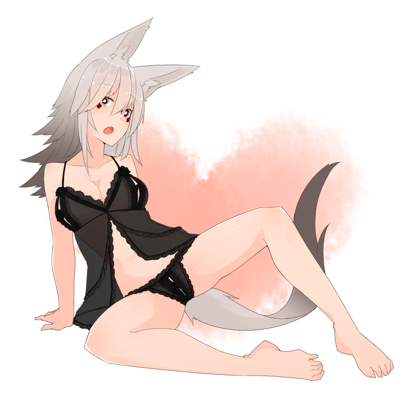 1girl, :o, akasha_(syakoba), animal_ears, arm_support, bare_arms, bare_legs, bare_shoulders