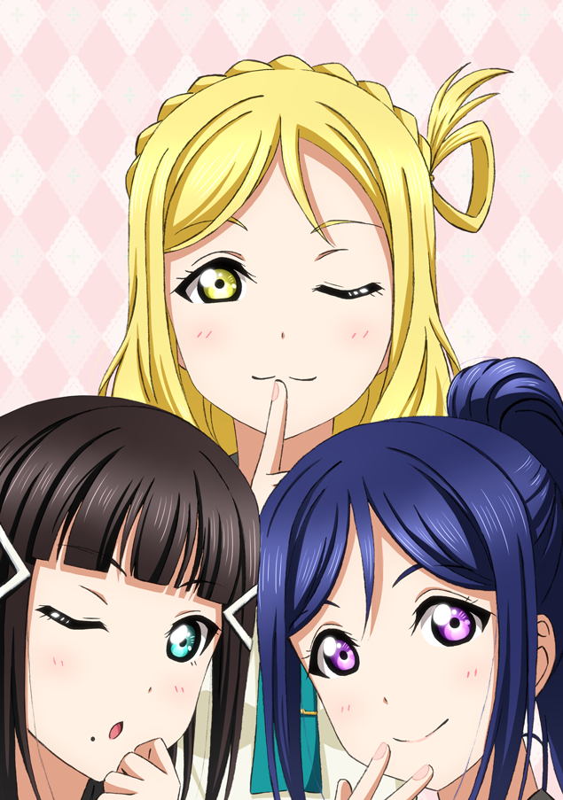 10s, 3girls, :3, aqua_eyes, argyle, argyle_background, bangs, blue_hair