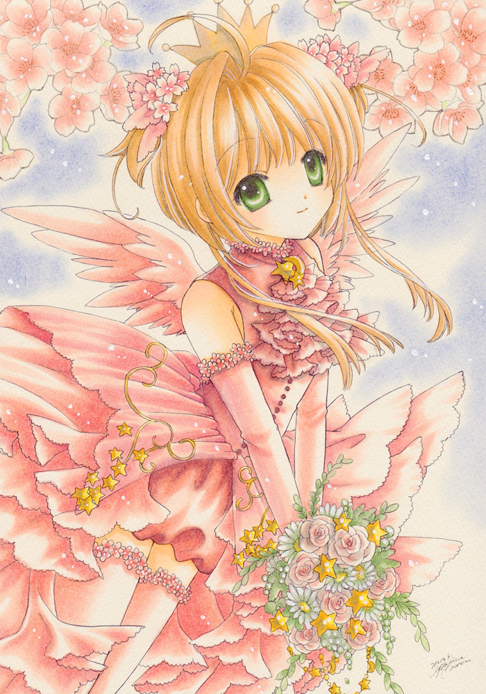 1girl, ahoge, asapon, blonde_hair, card_captor_sakura, crown, dress, elbow_gloves
