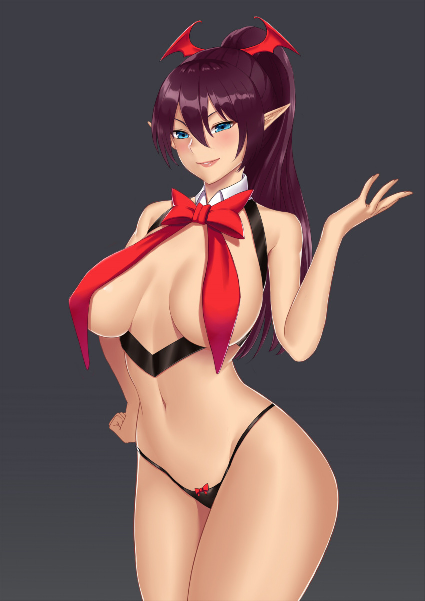 >:), 1girl, bare_arms, bare_shoulders, bat_hair_ornament, black_panties, blue_eyes, bow_panties, breasts, cowboy_shot, demon_girl, hair_ornament, hand_on_hip, head_wings, highleg, highleg_panties, highres, kono_subarashii_sekai_ni_shukufuku_wo!, large_breasts, long_hair, looking_at_viewer, navel, panties, parted_lips, pointy_ears, ponytail, purple_hair, revealing_clothes, smile, solo, stomach, succubus, under_boob, underwear, vanquice