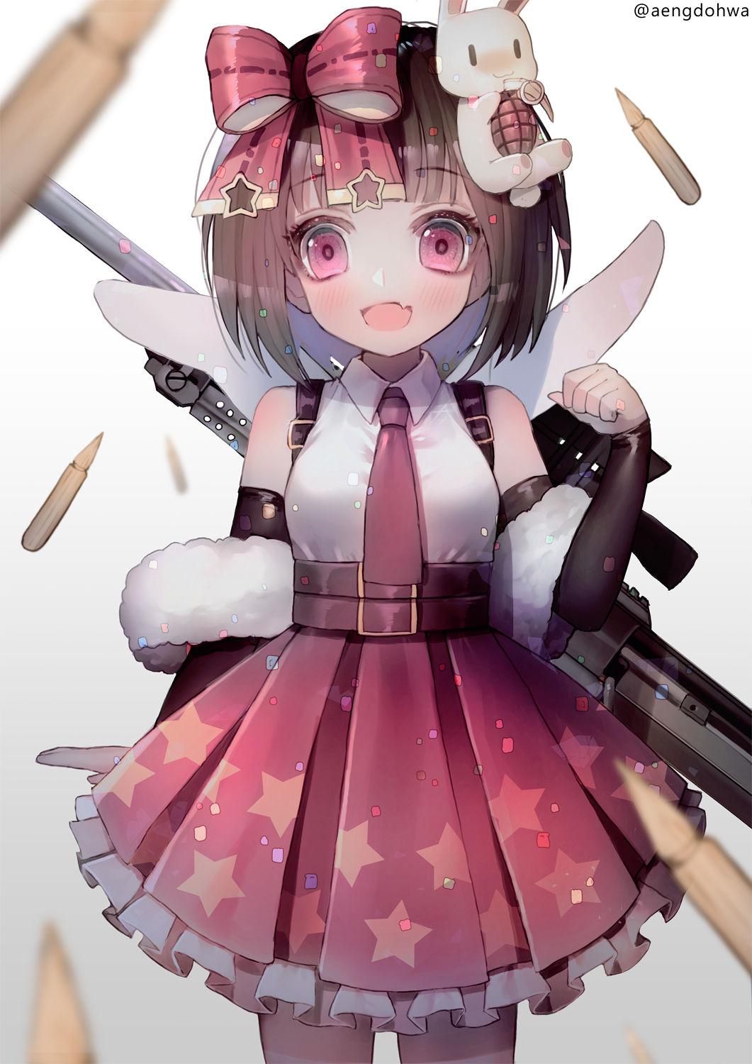 1girl, anti-materiel_rifle, bangs, barrett_m99, black_legwear, blurry, bow, brown_hair, bullet, cowboy_shot, depth_of_field, detached_sleeves, explosive, eyebrows_visible_through_hair, frilled_skirt, frills, fur_trim, girls_frontline, grenade, gun, hair_bow, hanato_(seonoaiko), hand_up, high-waist_skirt, highres, looking_at_viewer, m99_(girls_frontline), open_mouth, pantyhose, pleated_skirt, purple_skirt, rabbit, rifle, short_hair, skirt, smile, sniper_rifle, solo, star, star_print, tareme, twitter_username, violet_eyes, weapon