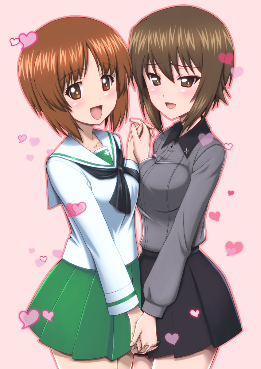 2girls, black_shirt, black_skirt, blush, breasts, collarbone, cowboy_shot, eyebrows_visible_through_hair