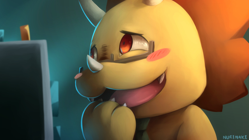 :3, :d, amagi_brilliant_park, artist_name, blush_stickers, claws, covering_mouth, fangs, horns, nurinaki, open_mouth, orange_eyes, red_eyes, smile, solo, triceratops, triken, yellow_skin